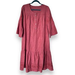 Gudrun Sjoden Dusty Red Organic Cotton Linen Ruffle Hem Embroidered Midi Dress